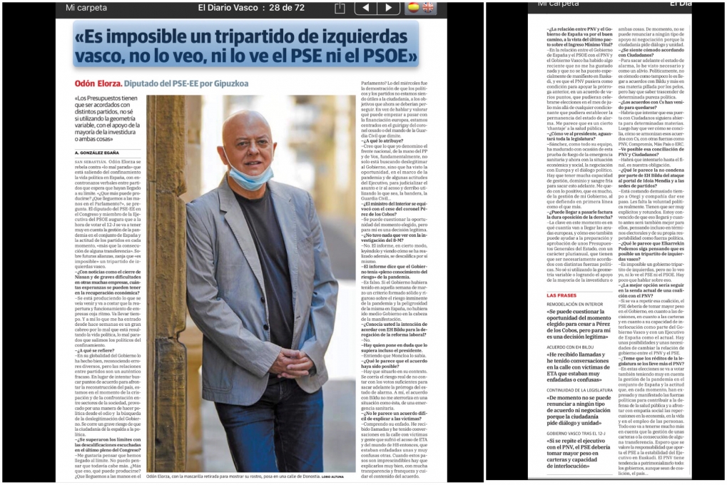 Entrevista en El Diario Vasco. 2 de junio de 2020.