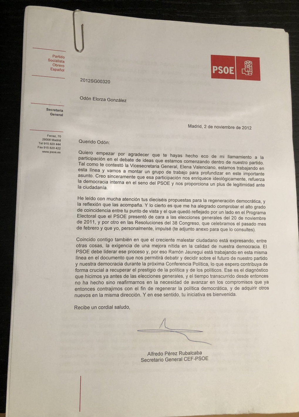 16 PROPUESTAS PARA LIDERAR LA REGENERACI&Oacute;N DEMOCR&Aacute;TICA / Documento remitido a Alfredo P&eacute;rez Rubalcaba el 29 de octubre de 2012.