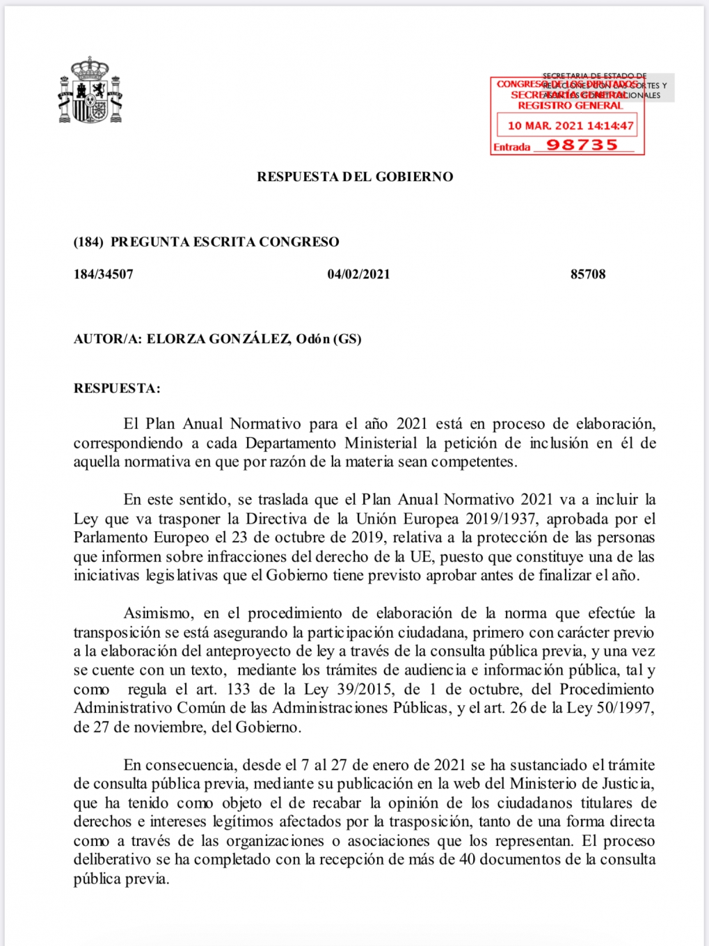 Pregunta al Gobierno sobre la protecci&oacute;n efectiva de alertadores y denunciantes de casos de corrupci&oacute;n,
