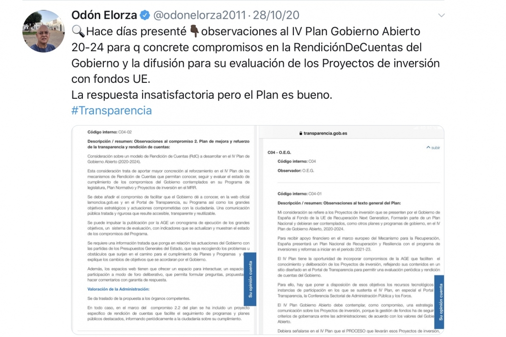 Aportaciones sobre el modelo de Rendici&oacute;n de Cuentas y sobre los Proyectos de Inversi&oacute;n acogidos a los Fondos de la UE para su inclusi&oacute;n en el IV Plan Gobierno Abierto.