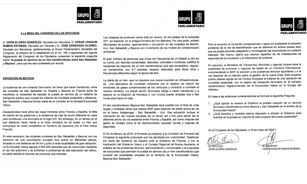 Respuesta del Gobierno a la Pregunta que formul&eacute; sobre la puesta en servicio de un tren transfronterizo, entre Bayona y San Sebasti&aacute;n para el &aacute;mbito de la Eurociudad Vasca.