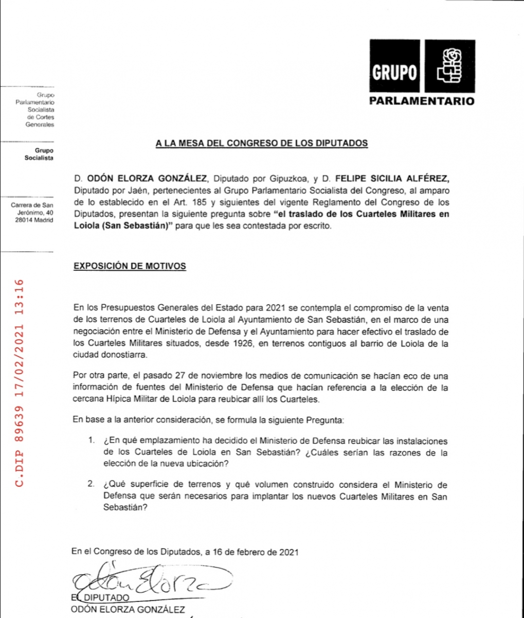 Respuesta del Gobierno a mi Pregunta sobre el traslado de los Cuarteles de Loiola.