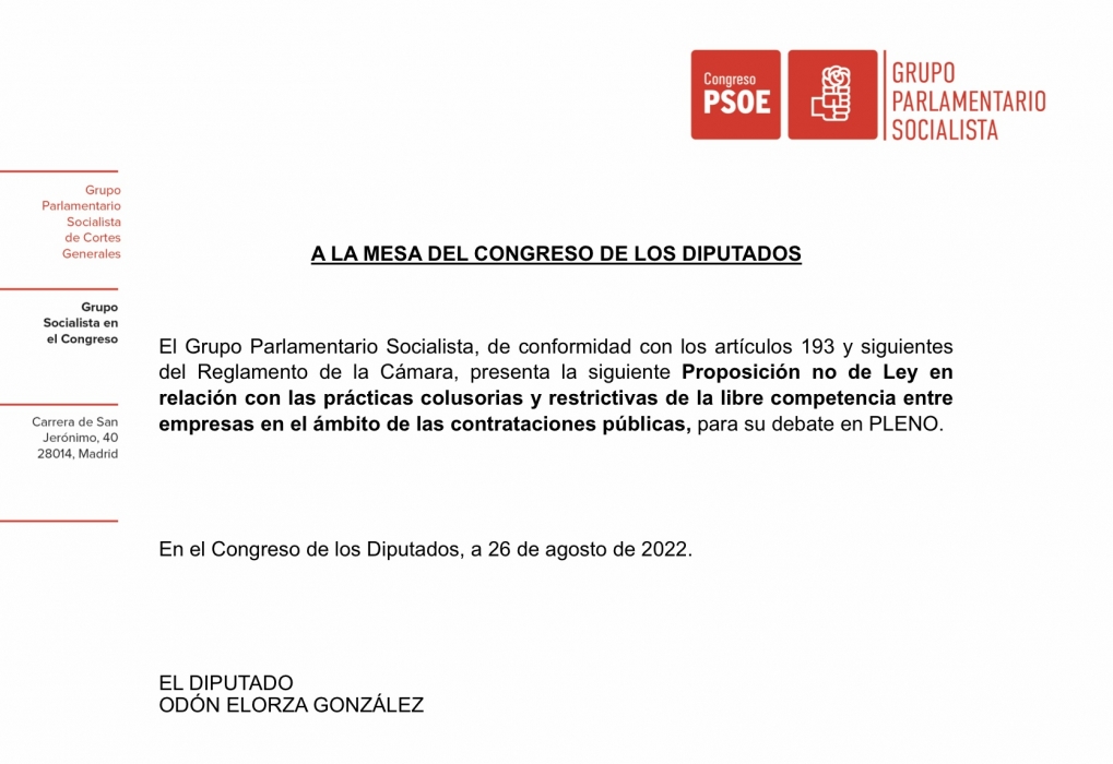 Proposici&oacute;n no de Ley en relaci&oacute;n con las sanciones a grandes constructoras por las pr&aacute;cticas colusorias y restrictivas de la libre competencia entre empresas, en el &aacute;mbito de las contrataciones p&uacute;blicas.