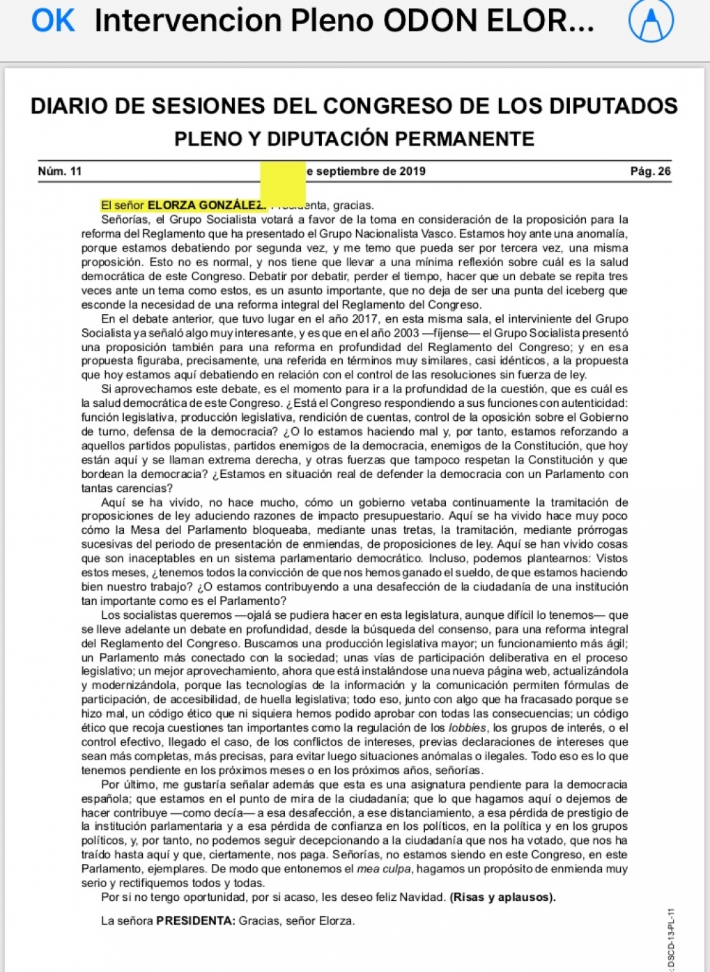 Sobre el papel del Congreso en una regeneraci&oacute;n democr&aacute;tica. (Mi intervenci&oacute;n en el Pleno del 17 de sept)