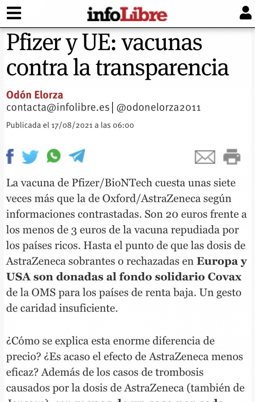 Pfizer y UE: vacunas contra la transparencia. (Publicado en infolibre.es el 17-8-2021)