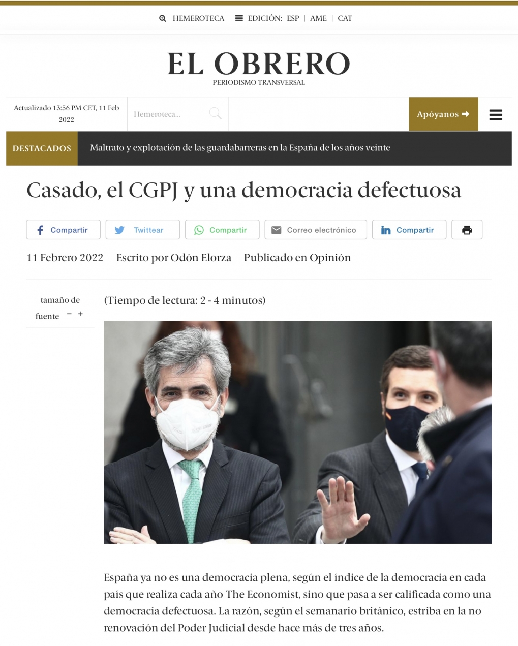 Casado, el CGPJ y una democracia defectuosa seg&uacute;n The Economist.