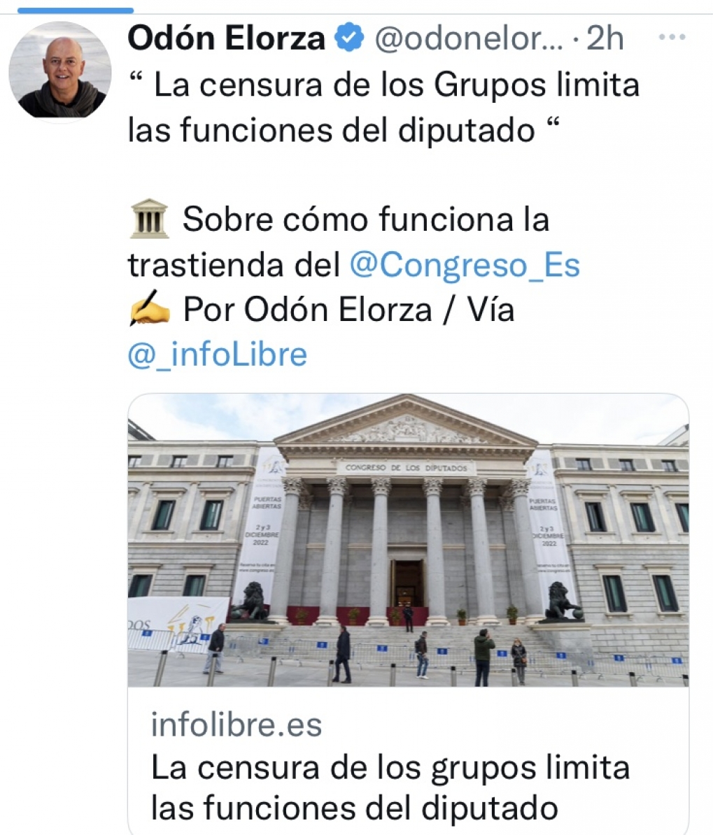 La censura previa de los Grupos anula la autonom&iacute;a b&aacute;sica de un diputado para ejercer su funci&oacute;n.