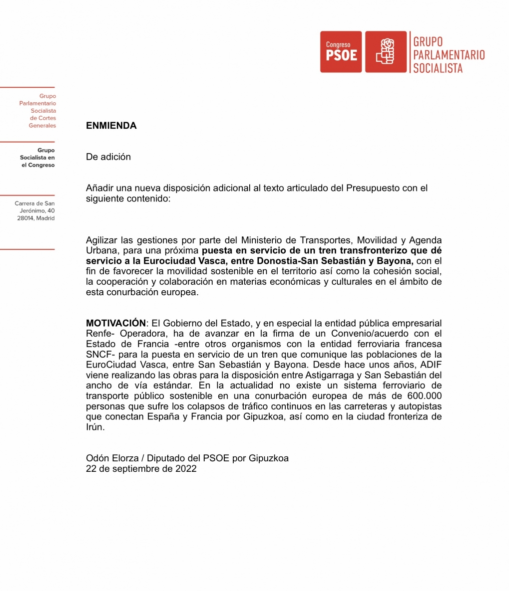 Enmienda que he presentado a los PGE&rsquo;23 en favor de un tren transfronterizo que d&eacute; servicio a la Eurociudad Vasca, entre Donostia-San Sebasti&aacute;n y Bayona.